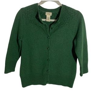 LL Bean Vintage Women's Size M Green Button Up Cardigan Sweater Wool & Cashmere
